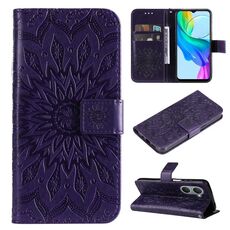 Custodia per cellulare in pelle con motivo girasole in rilievo per vivo Y03 4G (viola)