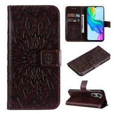 Custodia per cellulare in pelle con motivo girasole goffrato per vivo Y03 4G (marrone)