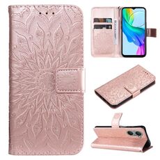 Custodia per cellulare in pelle con motivo girasole goffrato per vivo Y03 4G (oro rosa)
