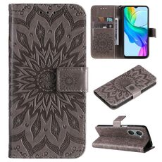 Custodia per cellulare in pelle con motivo girasole goffrato per vivo Y03 4G (grigio)