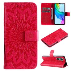 Per vivo Y03 4G Custodia in pelle con motivo a girasole in rilievo (rosso)