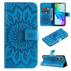 Custodia per cellulare in pelle con motivo girasole goffrato per vivo Y03 4G (blu)