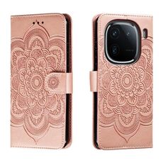 Custodia in pelle per telefono con motivo in rilievo Sun Mandala per vivo iQOO 12 Pro (oro rosa)