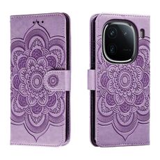 Custodia in pelle per telefono con motivo in rilievo Sun Mandala per vivo iQOO 12 Pro (viola)