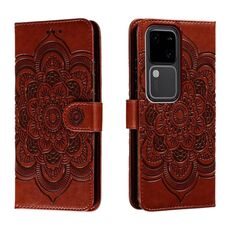 Custodia in pelle per telefono con motivo in rilievo Sun Mandala per vivo S18 (marrone)