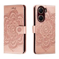 Custodia in pelle per telefono con motivo in rilievo Sun Mandala per vivo V29e (oro rosa)