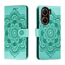 Custodia in pelle per telefono con motivo in rilievo Sun Mandala per vivo V29e (verde)