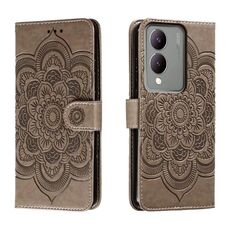 Custodia in pelle per telefono con motivo in rilievo Sun Mandala per vivo Y17S (grigio)