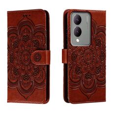 Custodia in pelle per telefono con motivo in rilievo Sun Mandala per vivo Y17S (marrone)