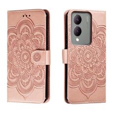 Custodia in pelle per telefono con motivo in rilievo Sun Mandala per vivo Y17S (oro rosa)