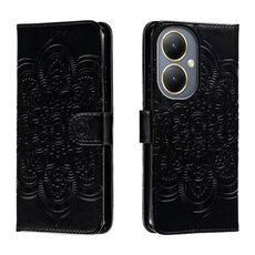 Custodia in pelle per telefono con motivo in rilievo Sun Mandala per vivo Y35M+ (nera)