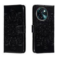 Custodia in pelle per telefono con motivo in rilievo Sun Mandala per vivo Y38 (nera)