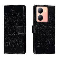 Custodia in pelle per telefono con motivo in rilievo Sun Mandala per vivo Y78 (nera)