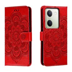 Custodia in pelle per telefono con motivo in rilievo Sun Mandala per vivo Y100 5G (rosso)