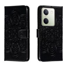 Custodia in pelle per telefono con motivo in rilievo Sun Mandala per vivo Y100 5G (nera)