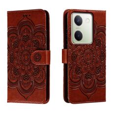 Custodia in pelle per telefono con motivo in rilievo Sun Mandala per vivo Y100 5G (marrone)