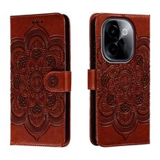 Custodia in pelle per telefono con motivo in rilievo Sun Mandala per vivo Y200 5G (marrone)