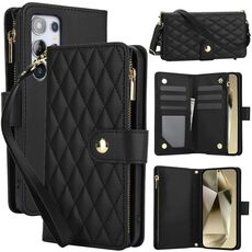 Custodia per telefono in pelle con cerniera rombica per Samsung Galaxy S24 Ultra 5G YM016 con cordino (nero)