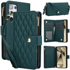 Per Samsung Galaxy S24 Ultra 5G YM016 Custodia per telefono in pelle con cerniera rombica e cordino (verde)