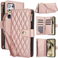 Per Samsung Galaxy S24 Ultra 5G YM016 Custodia per telefono in pelle con cerniera rombica con cordino (oro rosa)