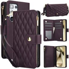 Per Samsung Galaxy S24 Ultra 5G YM016 Custodia per telefono in pelle con cerniera rombica con cordino (viola scuro)