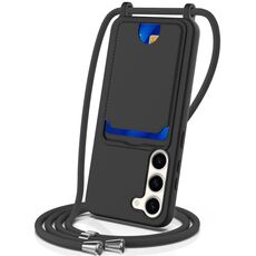 Per Samsung Galaxy S23+ 5G Borsa per carte integrata Custodia per telefono in silicone liquido tinta unita con cordino (nero)