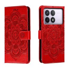 Custodia in pelle per telefono con motivo in rilievo Sun Mandala per Xiaomi Redmi K70 (rosso)