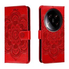 Custodia in pelle per telefono con motivo in rilievo Mandala Ultra Sun Xiaomi 14 (rosso)