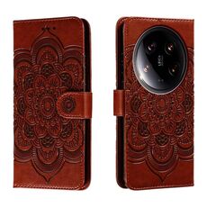 Per Xiaomi 14 Custodia in pelle per telefono con motivo in rilievo Mandala Ultra Sun (marrone)