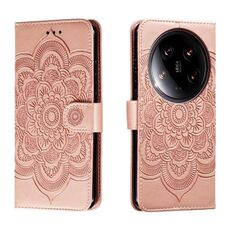 Per Xiaomi 14 Custodia in pelle per telefono con motivo in rilievo Mandala Ultra Sun (oro rosa)