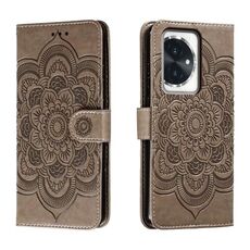Custodia in pelle per telefono con motivo in rilievo Sun Mandala per Honor 100 (grigio)