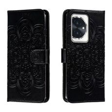 Custodia in pelle per telefono con motivo in rilievo Sun Mandala per Honor 100 (nera)