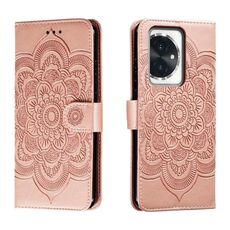 Custodia in pelle per telefono con motivo in rilievo Sun Mandala per Honor 100 (oro rosa)