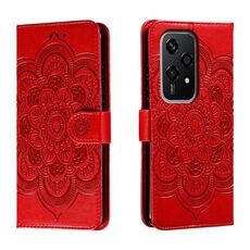 Custodia in pelle per telefono con motivo in rilievo Global Sun Mandala per Honor 200 Lite (rosso)