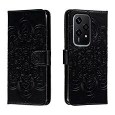 Custodia in pelle per telefono con motivo in rilievo Global Sun Mandala per Honor 200 Lite (nera)