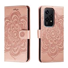 Custodia in pelle per telefono con motivo in rilievo Global Sun Mandala per Honor 200 Lite (oro rosa)