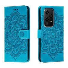 Custodia in pelle per telefono con motivo in rilievo Global Sun Mandala per Honor 200 Lite (blu)