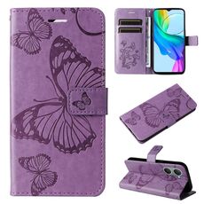 Per vivo Y03 Custodia per cellulare in pelle con motivo a farfalla 3D in rilievo (viola)