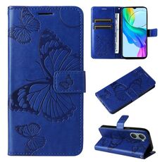 Per vivo Y03 Custodia in pelle con motivo a farfalla in rilievo 3D (blu)