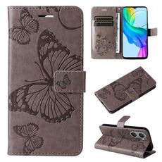 Per vivo Y03 Custodia per cellulare in pelle con motivo a farfalla 3D in rilievo (grigio)