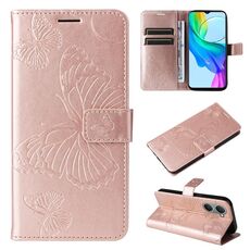 Per vivo Y03 Custodia per cellulare in pelle con motivo a farfalla 3D in rilievo (oro rosa)
