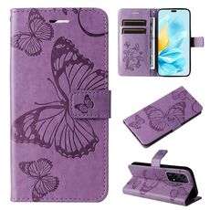 Custodia per telefono in pelle Flip con motivo a farfalla globale 3D per Honor 200 Lite (viola)