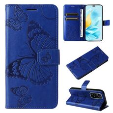 Per Honor 200 Lite Custodia per cellulare in pelle con motivo a farfalla 3D globale in rilievo (blu)