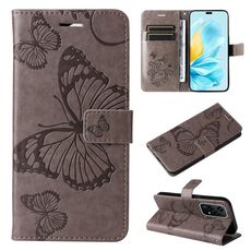 Per Honor 200 Lite Custodia per cellulare in pelle con motivo a farfalla 3D globale in rilievo (grigio)