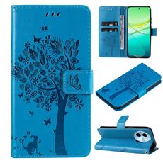 Per vivo Y38 / Y200i / T3x Custodia per telefono in pelle con motivo in rilievo albero e gatto (blu)