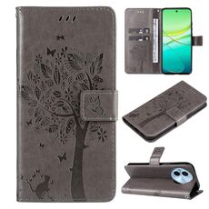 Custodia per cellulare in pelle con motivo a rilievo Global Tree & Cat per vivo Y38 / Y200i / T3x (grigio)