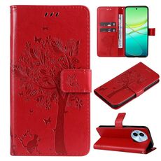 Custodia per cellulare in pelle con motivo a rilievo Global Tree & Cat per vivo Y38 / Y200i / T3x (Rosso)