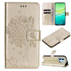 Custodia per cellulare in pelle con motivo a rilievo Global Tree & Cat per vivo Y38 / Y200i / T3x (Oro)