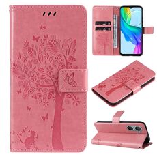 Custodia per cellulare in pelle con motivo albero e gatto in rilievo per vivo Y03 (rosa)