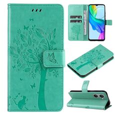 Custodia per cellulare in pelle con motivo albero e gatto in rilievo per vivo Y03 (verde)